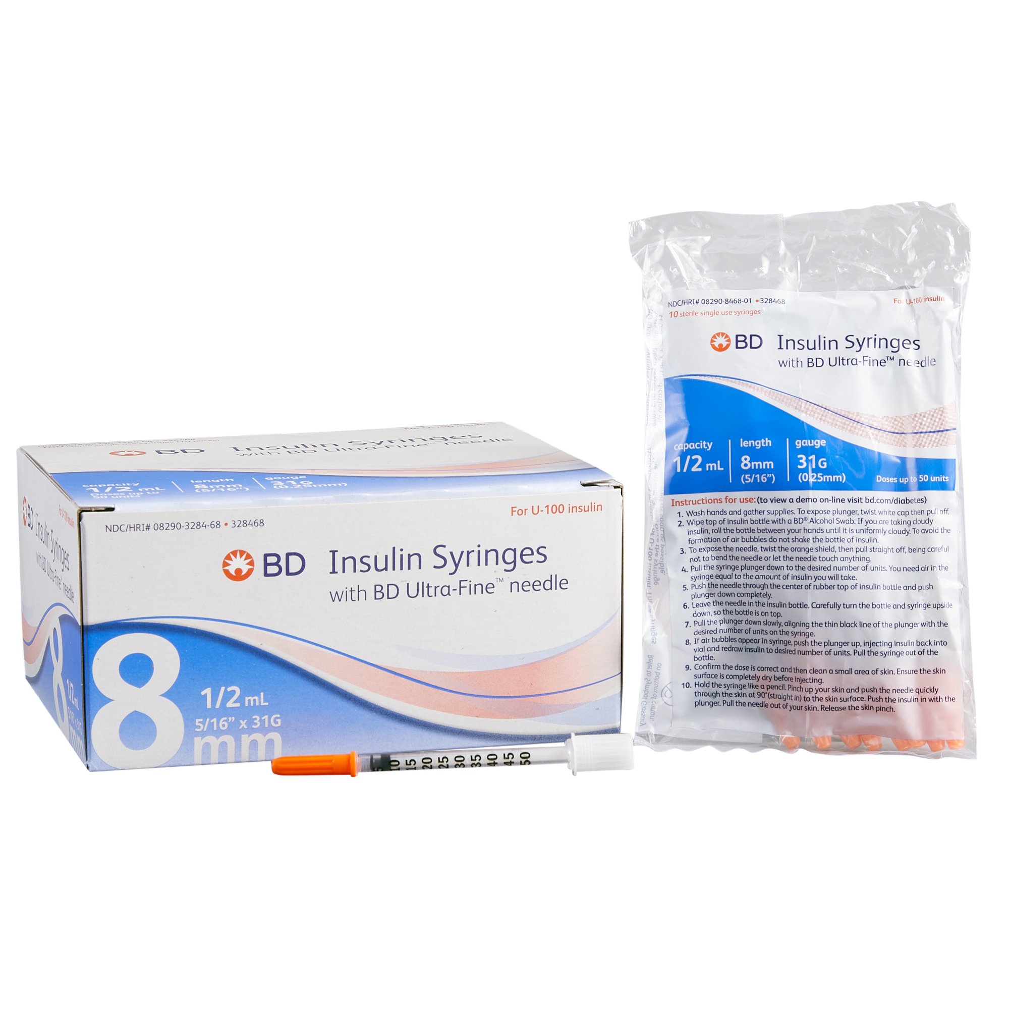 Syringe 1/2cc Insulin with Needle Ultra-Fine™ Lo-Dose™ 0.5 mL 31 Gauge 5/16 Inch Attached Needle Without Safety (10/BG 10BG/BX 5BX/CS) by BD  ID 328468